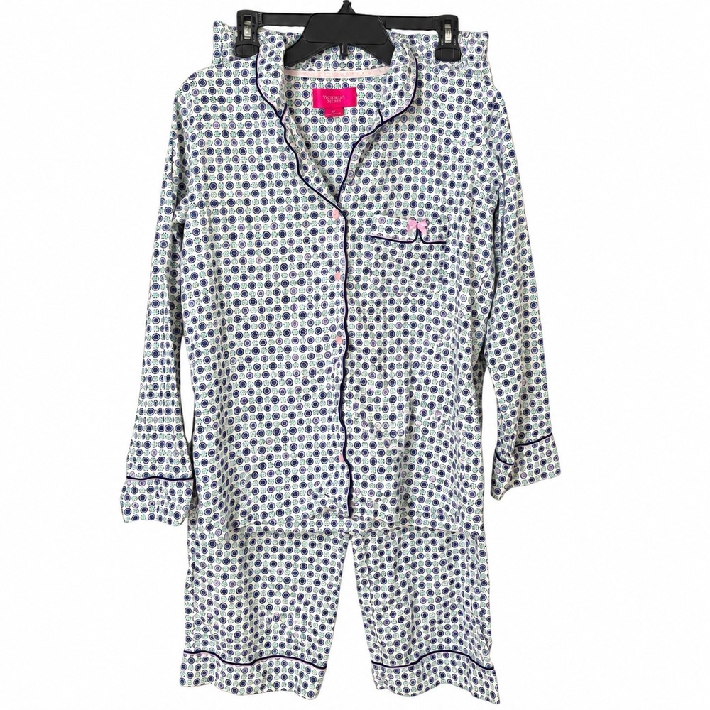 Victoria's Secret Womens S Pajama Set White Purple Medallion Long Sleeve Cozy